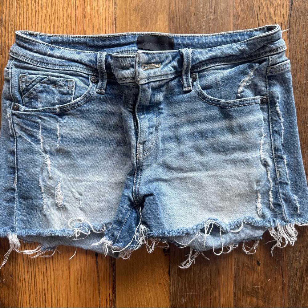BKE Blue Distressed Jean Shorts with Frayed Hem